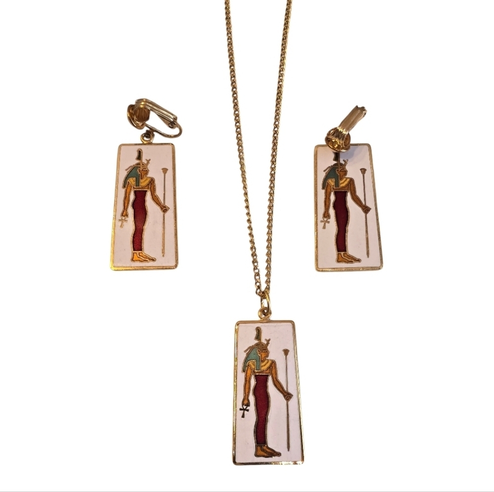 ERM Egyptian Revival White Enamel Goldtone Earring Necklace Set